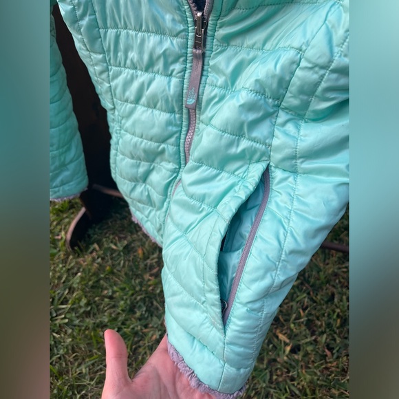 North Face Girls 8-10 Jacket Coat Gray Plush Fleece/Aqua Zipper & Pockets - Picture 12 of 15